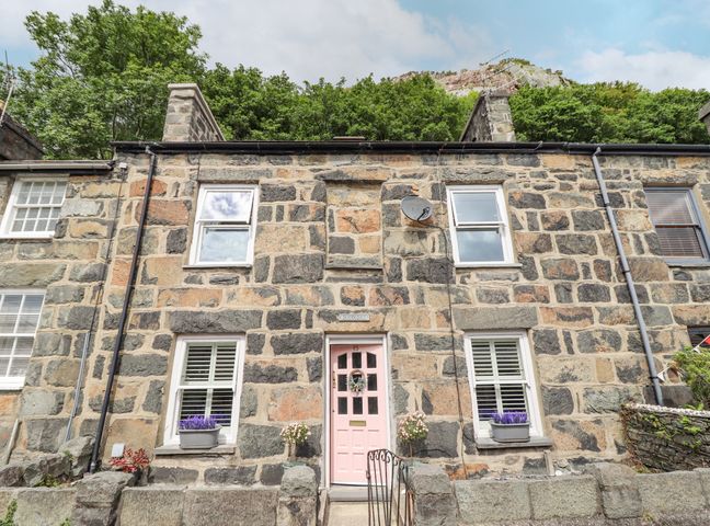 Stone house with a pink door and flower pots on windowsills at Bodlondeb Tremadog