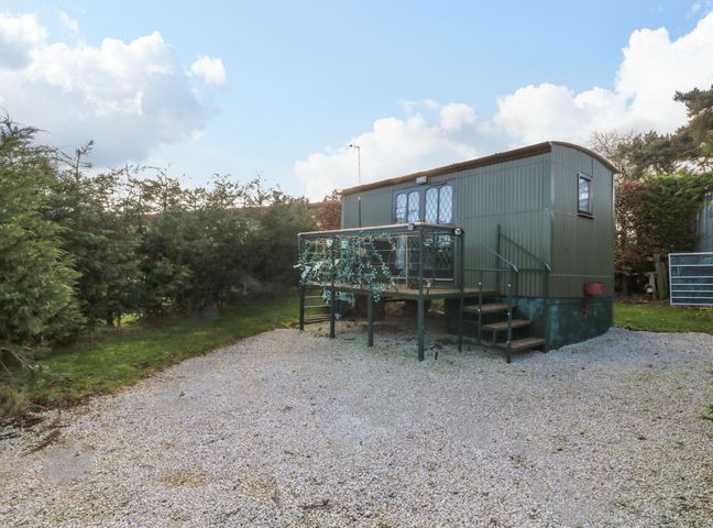 A green shepherds hut on stilts with steps leading to a door surrounded by trees and gravel at Packhorse Shepherd's Hut in Alderwasley near Wirksworth