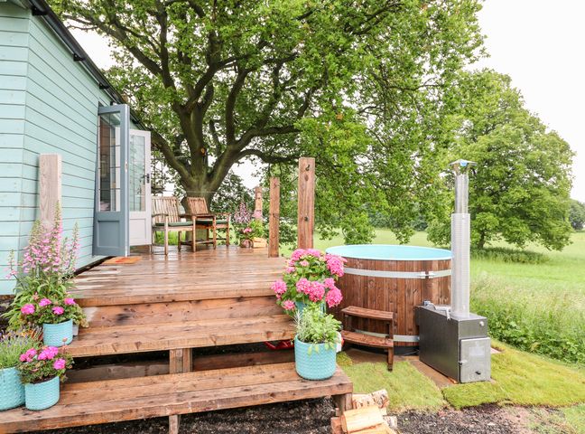 A wooden deck with chairs and flower pots next to a hot tub and green trees at The Lazy Mare by The Water Admaston near Abbots Bromley