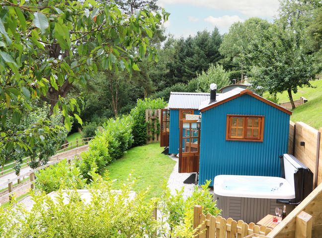 Two blue tiny houses with wooden doors and window frames in a green garden with a hot tub on a hillside at Little Silver Pheasant in High Bickington