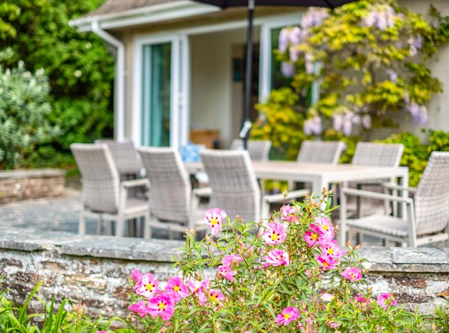 A garden patio with a dining table and chairs and pink flowers in the foreground at Tregillan in Rock