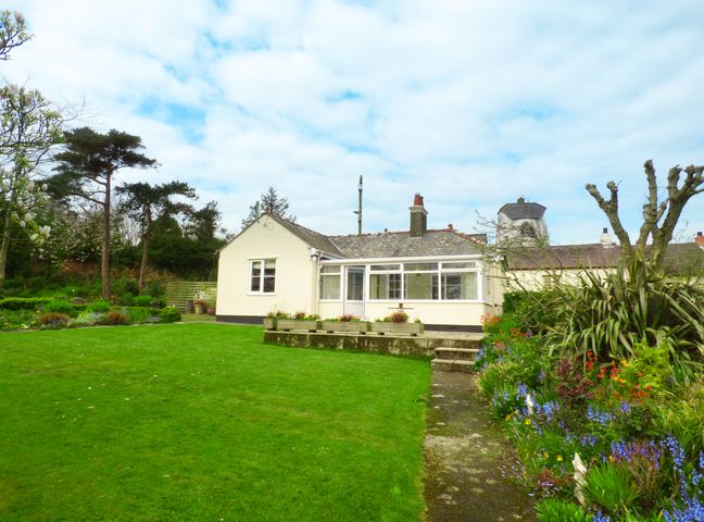 A white single story house with a large green lawn and flower beds in a garden at Hafod Cottage in Cemaes Bay