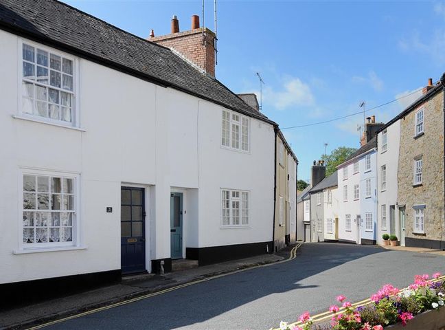 A street view with white and stone houses and flower pots along the curb at 12 Mill Green in Lyme Regis
