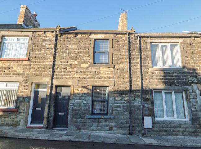 A two story stone terraced house with dark front doors and windows at Redshank in Amble