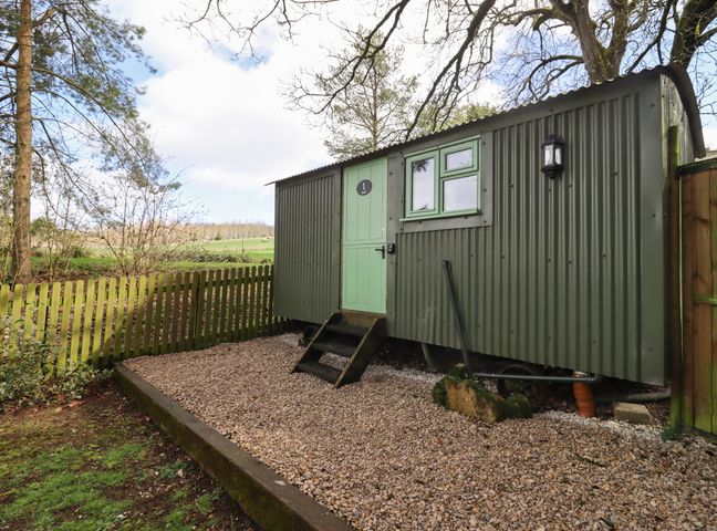 An exterior view of a green corrugated metal cabin with a small set of stairs outside a door at Maple 1 in Broadway
