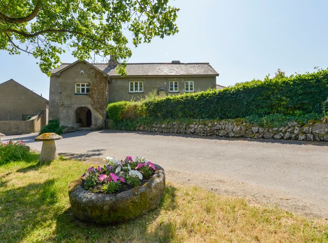 A farmhouse with a driveway and stone flower planters with flowers and a hedge at Twelve Oaks Farmhouse in Teigngrace near Newton Abbot