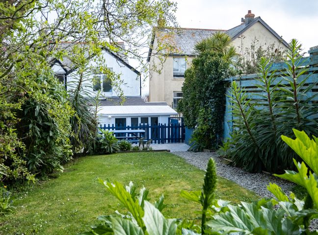 A garden with grass lawn and plants next to a gravel path and a blue fence in front of houses at Seapinks in Port Isaac