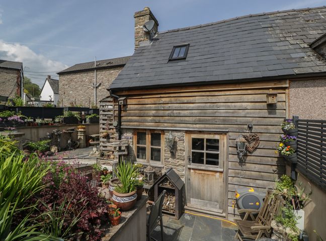 A garden area with plants in pots and a wooden building with a door and window at Hoarders Cottage in Hay-On-Wye
