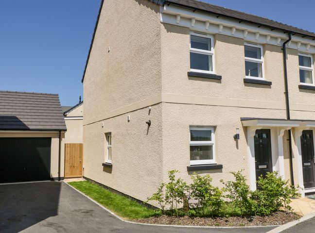 A semi detached house with black doors and white framed windows beside a driveway and garage with plants in front at Meadow Bay in Appledore