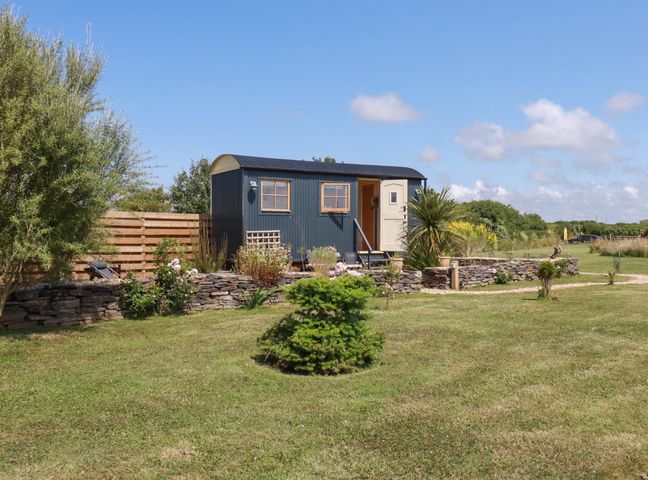 A small dark blue cabin with a white door surrounded by stone walls and greenery under a blue sky at Dot May in Porteath near Polzeath