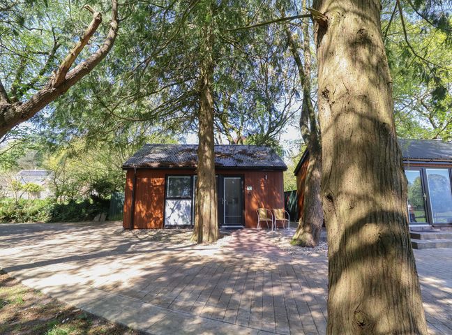 A house surrounded by trees with a pathway and chairs at Fern in Bydown near Barnstaple