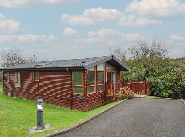 A wooden lodge with large windows and a ramp next to a paved parking area surrounded by grass and trees at Haven Lodge in Bossiney Bay near Tintagel