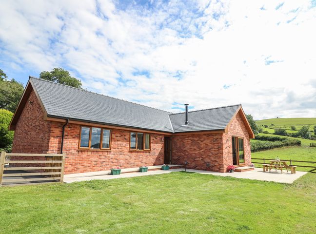 A brick house with multiple windows and a grassy lawn at Awel y Bryn in Rhayader