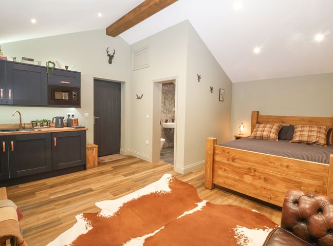 A bedroom with wooden bed and checked pillows next to a kitchenette and bathroom at Dragonstone Lodge in East Cowton