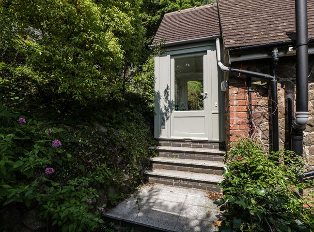 A stairway leading to a glass door on a brick and stone house surrounded by dense greenery and plants at Amazing View in Malvern