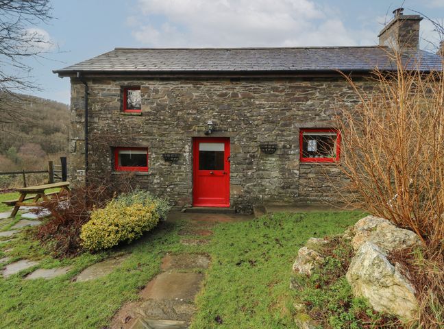 A stone house with red door and windows surrounded by grass and shrubs at Ty Tarw in Llanybydder