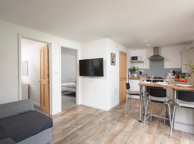 An open living and kitchen area with a wall-mounted television wooden doors and a breakfast bar with chairs at Wheal Prosper Lodge in Wendron near Helston
