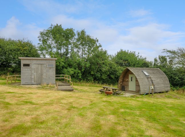 A grassy outdoor area with a wooden shed and a curved wooden cabin with picnic tables at Bull Shed @ Penbugle Organic Farm in St Keyne near Duloe