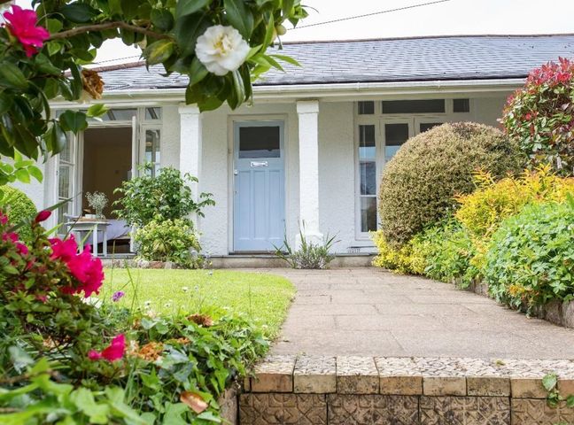 Front entrance of a white house with a blue door and garden path surrounded by flowering plants and bushes at 2 Dart in Stoke Gabriel