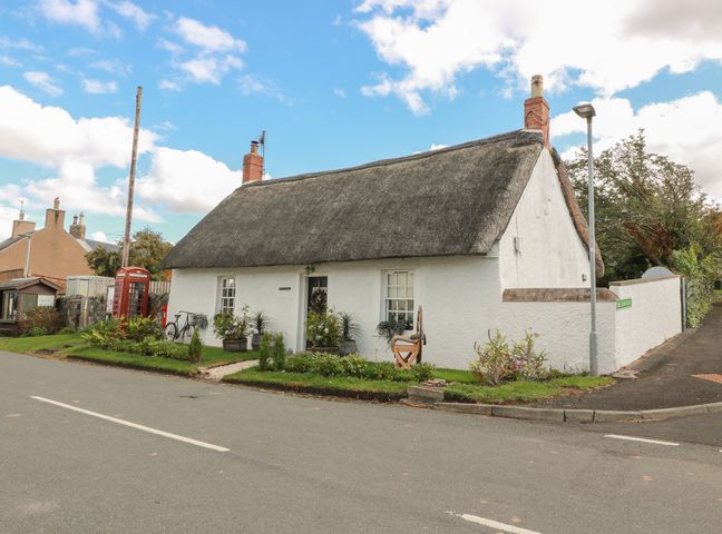 A cottage with a thatched roof and garden at Rowantree Cottage in Kelso