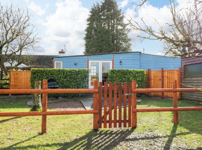 A blue wooden house with white double doors behind a wooden fence and gate with green hedges in front at Shed Your Blues Brilley near Kington