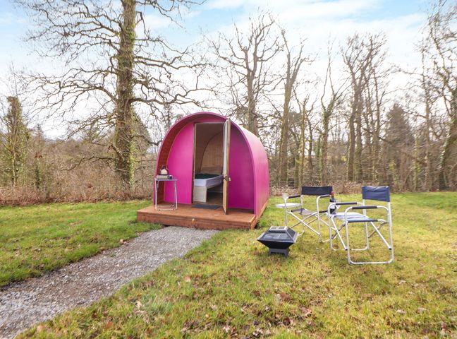 A small pink camping pod with a bed inside on a wooden platform in a grassy area with two folding chairs and a fire pit at Pod 2 in St Asaph