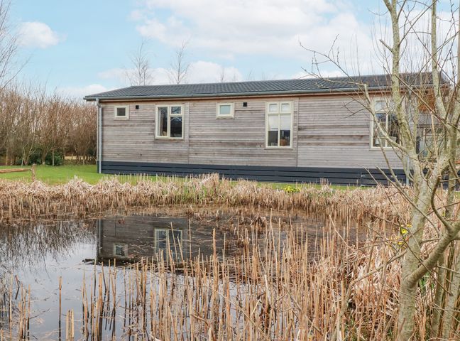 A pond with dry reeds in front of a wooden house with windows at 6 Meadow Retreat in Dobwalls