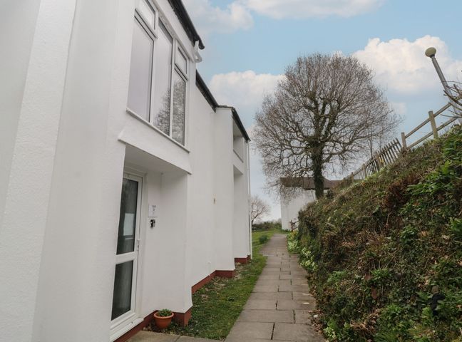 A white building with a door and windows beside a paved path with grass and trees at Tamar Cottages 34 in St Ann's Chapel Cornwall