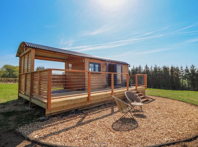 A wooden shepherd hut with a covered porch and two chairs on wood chip ground at Fir Tree Shepherd's Hut in Llanon