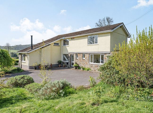 A two-story house with a sloped roof surrounded by greenery and a paved driveway at Pant Y Cwtsh in Kidwelly