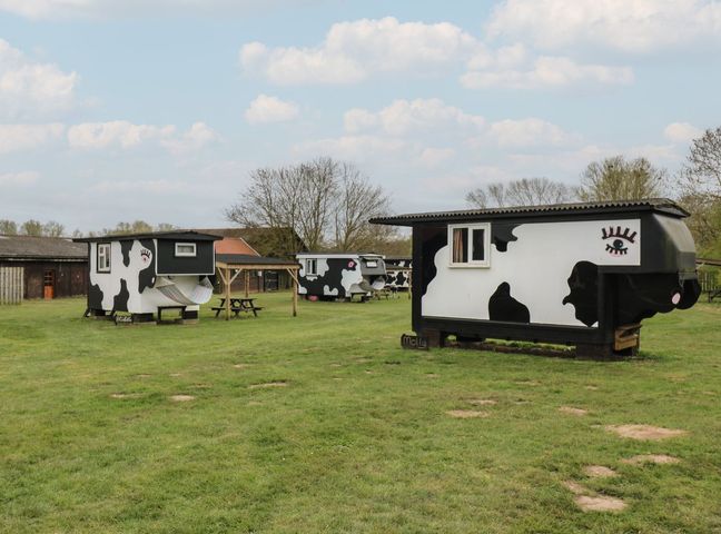 Cow-themed accommodation units and outdoor seating at Carabelle (Cow Shed 7) Woodbridge