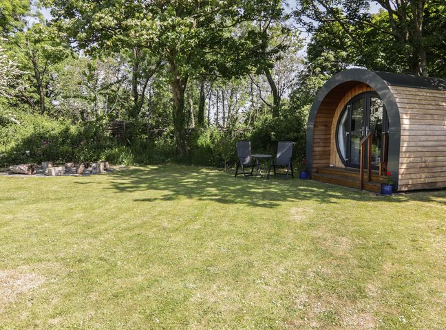 A grassy yard with a wooden pod and two chairs with a small table at Florence Pod in Pembroke