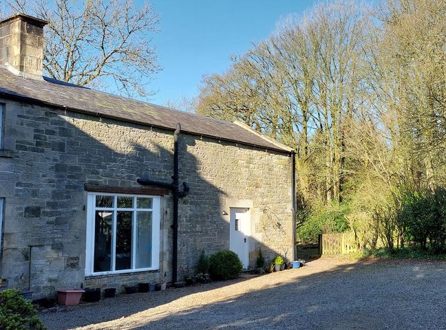 An exterior view of a house with large windows and trees nearby at The Coach House- Canonbie