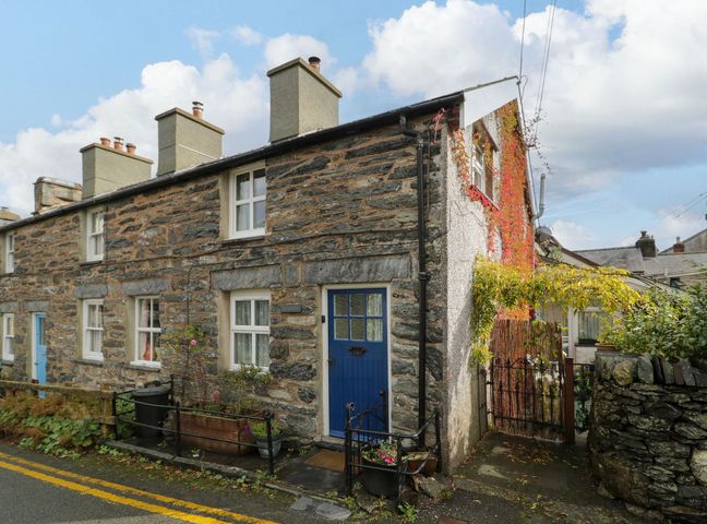 An outdoor view of a stone house with a blue door and flowers at Noddfa Penmachno