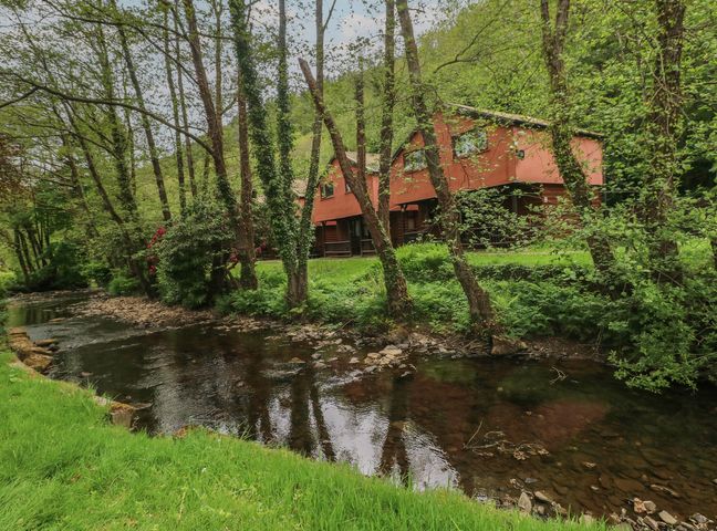 A house surrounded by trees and a stream at Cabin No. 10 - Salt and Fern Cabins Goytre near Port Talbot