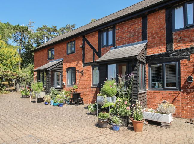 An outdoor area with potted plants and a brick wall at Apple Bough Cottage in Kinnersley near Weobley