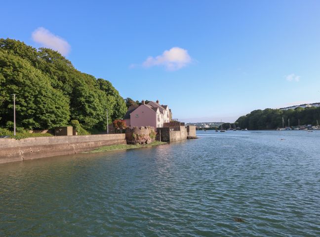 A river with boats on the water and houses along the shore near trees at Goldfinch Black Bridge near Milford Haven