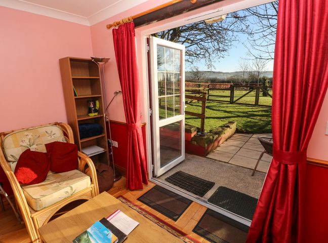 A room with a chair and bookshelf next to an open door leading to a grassy garden at Cwtch Cowin in Bancyfelin near Carmarthen