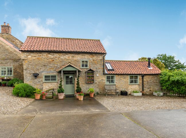 A stone house with a tiled roof and a green door with plants in pots outside at Owls Nest in Stearsby near Brandsby