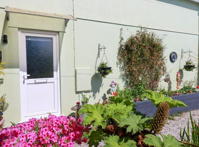 A garden with flowers plants hanging baskets and a white door at Sunnyvale in Bugle near St Austell