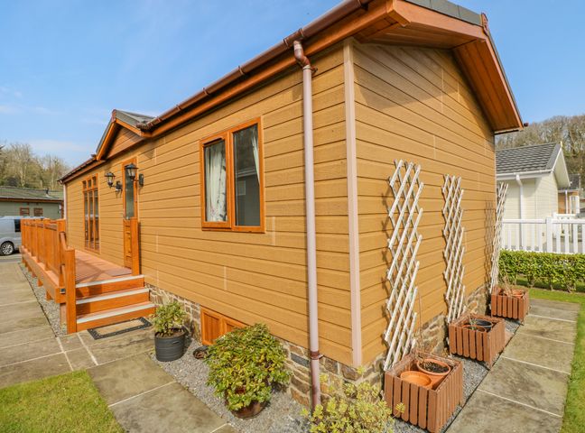 Exterior of a wooden cabin with a small porch steps and potted plants at Cladebrine Wisemans Bridge near Saundersfoot