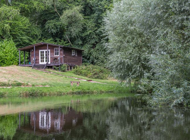 A wooden cabin by a pond surrounded by grass and trees at Lakeside Cabin in Sheldon Blackdown Hills