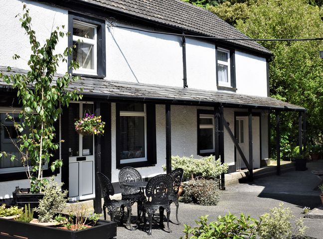An outdoor patio area with a black table and four chairs plants and a white building with black window frames at Red Kite in Blaenwaun