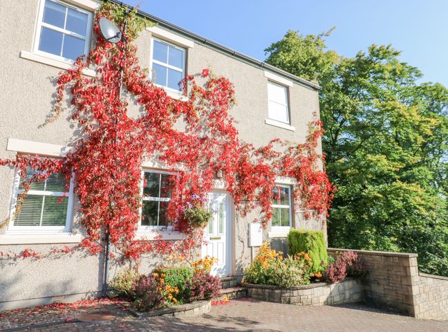 The exterior of a house with red ivy on the wall and a garden with flowers and shrubs at 1 Alpha Rise in Gilsland near Hadrians Wall
