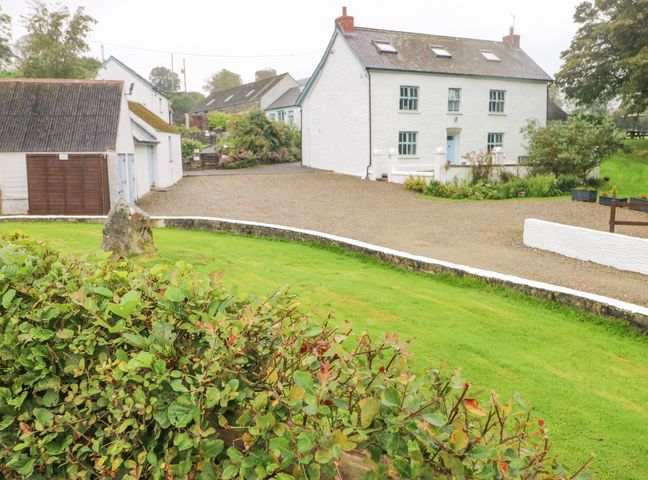 A white house with blue windows and doors next to a garage with brown doors and a gravel courtyard surrounded by green grass and bushes at Y Cartws in Nevern near Cardigan