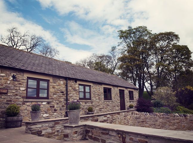 A stone house with multiple windows and potted plants outside surrounded by trees at High Thearns in Middleton-In-Teesdale