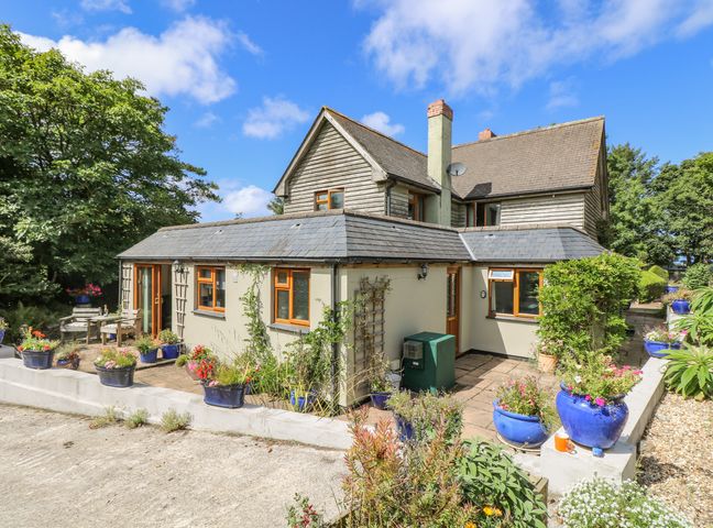 Exterior view of a two-story house with a patio surrounded by plants in blue pots at Manege Cottage Near St Agnes