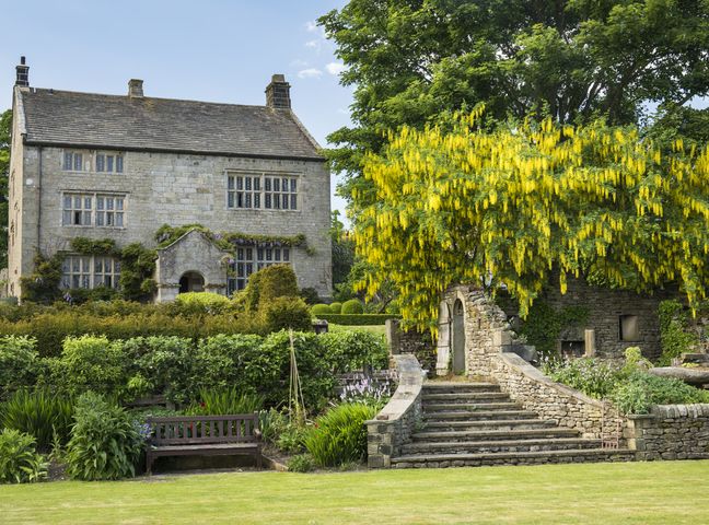 A stone house with garden plants and shrubs next to stone steps and a tree with yellow flowers at High Hall in Appletreewick