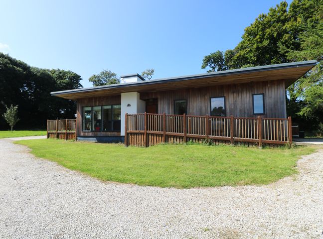 A single story wooden house with large windows and a gravel driveway at Elm in Truro