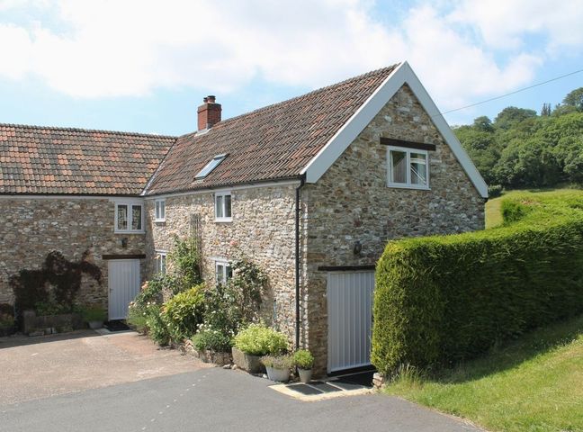 A stone house with a tiled roof and plants along the wall at Swallows Cottage in Honiton